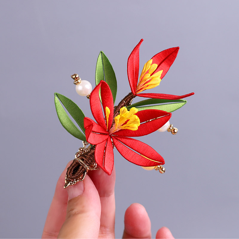 新中式手工缠花红兰花发夹婚嫁图片