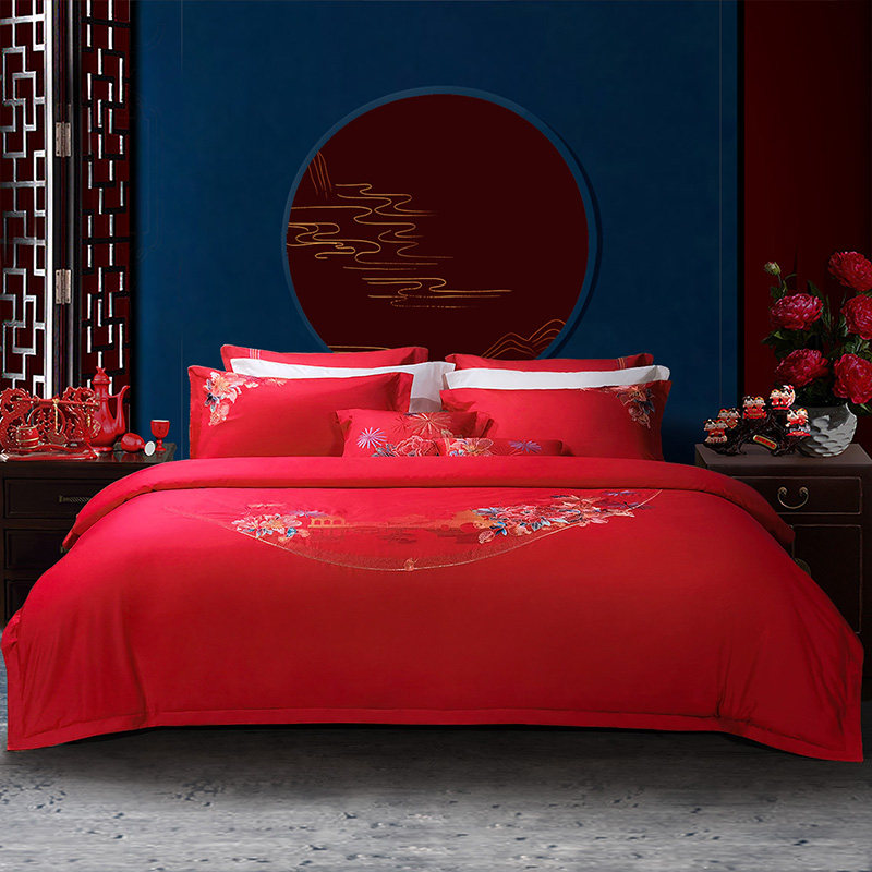 富安娜家纺中式大红婚庆四件套结婚被套床上用品红色喜被床单婚房