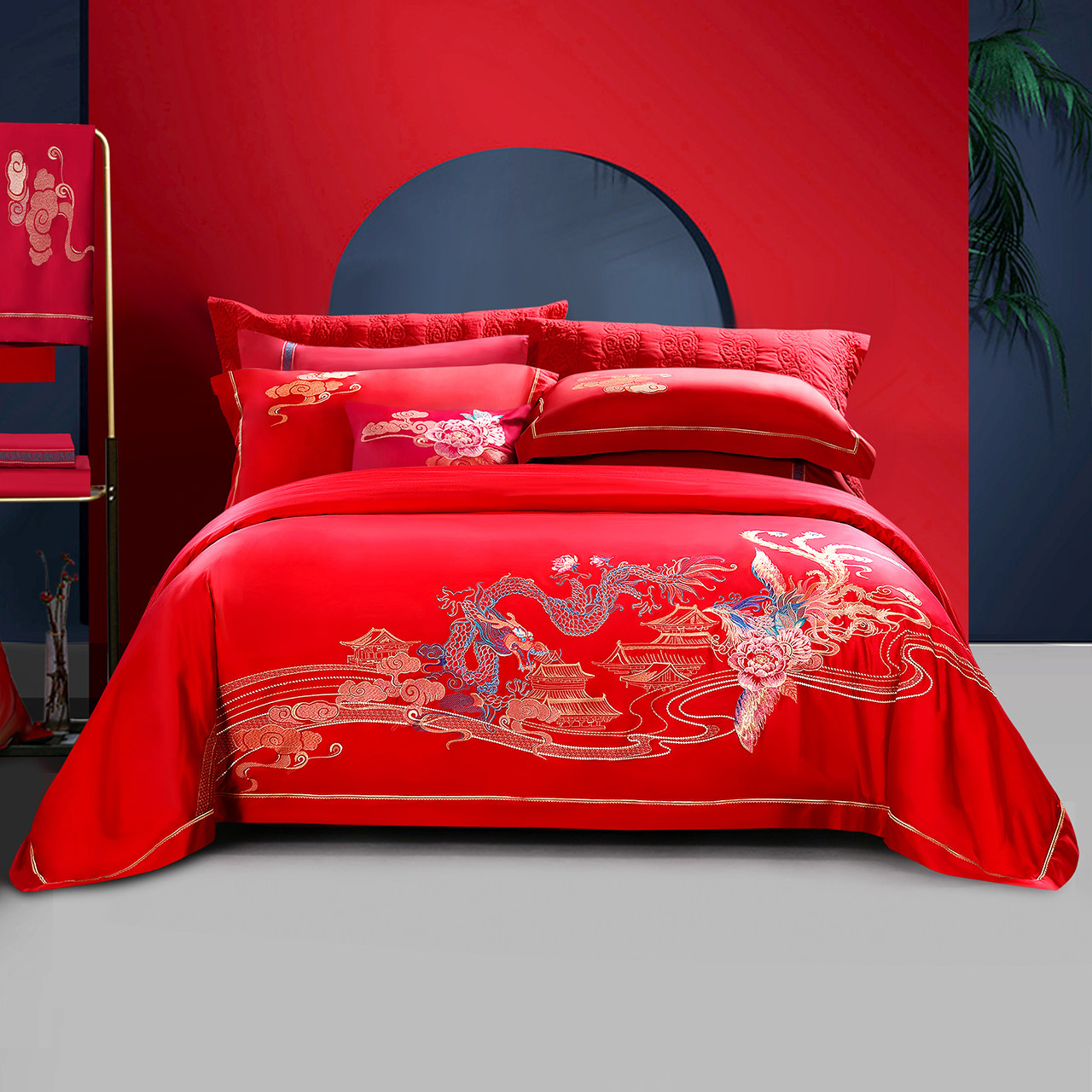 富安娜结婚四件套高级感纯棉全棉婚庆龙凤刺绣床单六件套床上用品