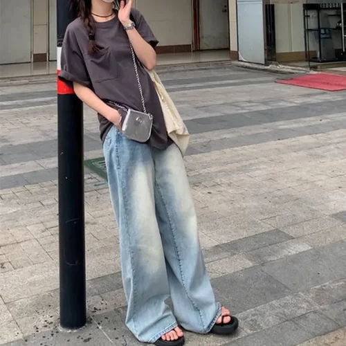裤子春秋季牛仔裤直筒显2023洗水女宽松休闲浅色高腰设计感小众