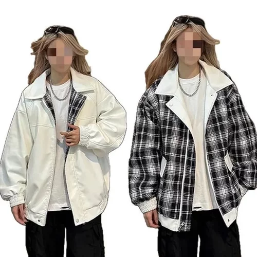 男外套pu高街休闲夹克春秋季潮男女同款皮衣现货新款双面穿女格子