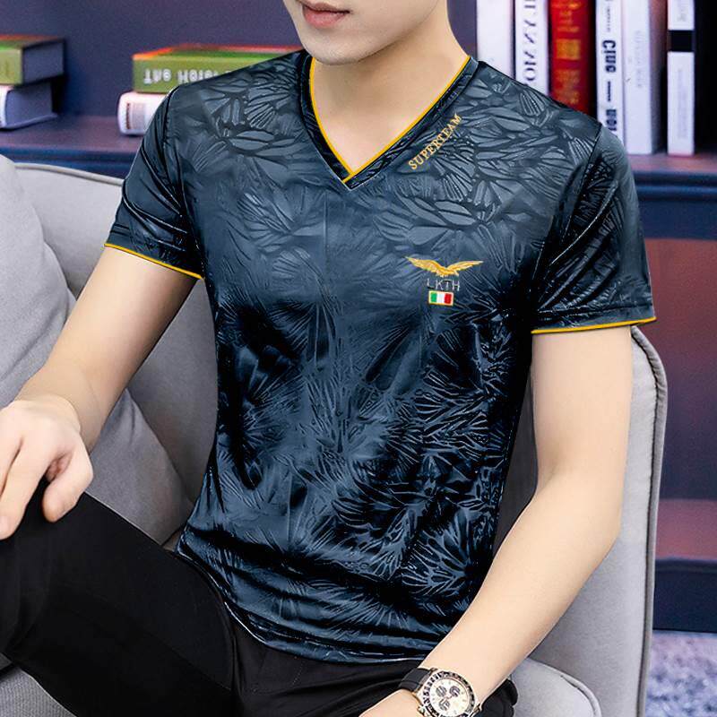 夏季冰丝短袖t恤男士薄款冰凉感V领半袖黑色上衣服潮牌速干潮流装