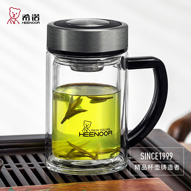 希诺双层玻璃杯隔热水晶杯带手柄办公室泡茶杯过滤网加厚透明水杯_虎窝淘