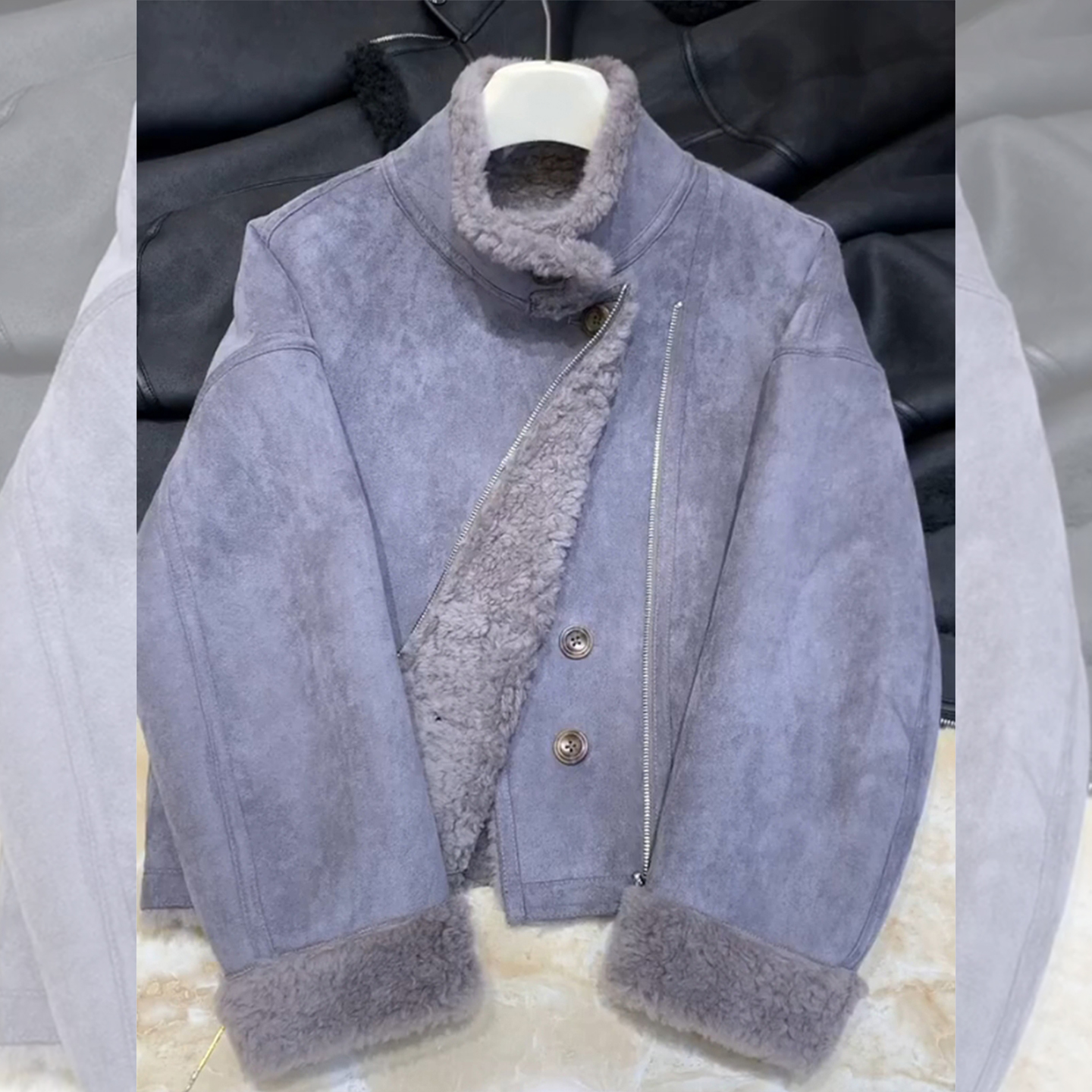 2025新款爆款小香风立领机车服皮毛一体短款羊羔绒夹克外套女秋冬