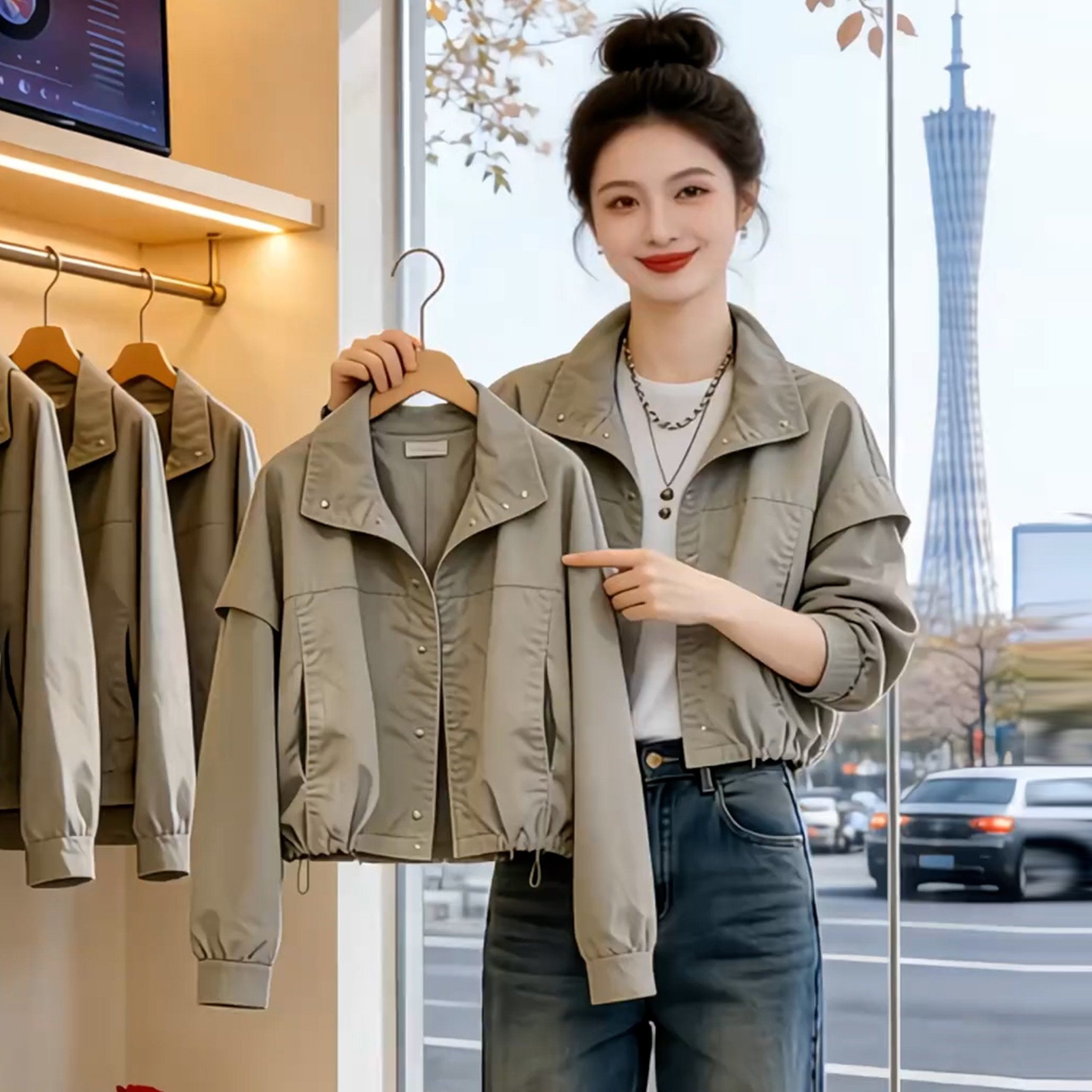 时尚休闲短外套女2026秋季新款韩版宽松显瘦小个子翻领夹克上衣潮