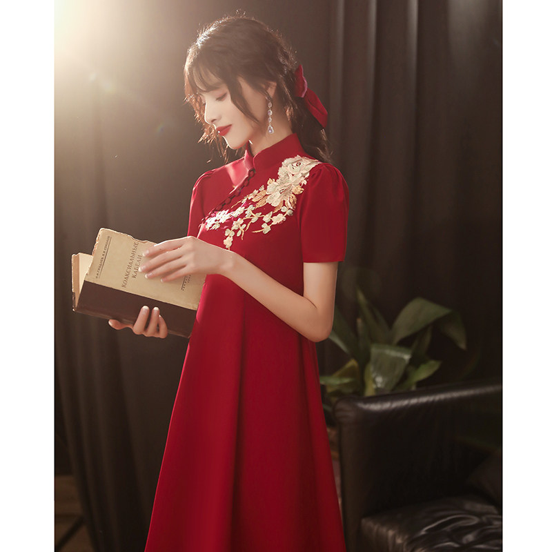 旗袍敬酒服2020新款小个子酒红色平时可穿新娘结婚礼服孕妇遮肚子