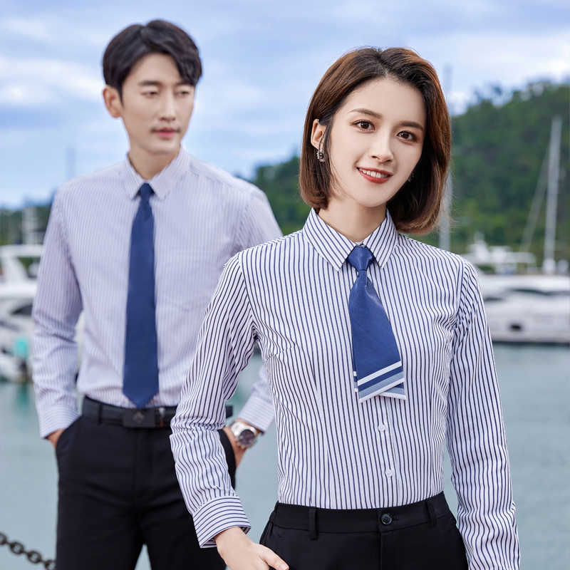 坚条纹高端商务正装男女工作服经理工装职业装衬衫秋长袖定制logo