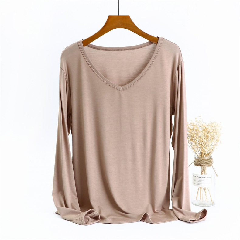 女秋季薄款莫代尔v领长袖T恤纯色宽松内搭打底衫大码秋衣外穿上衣