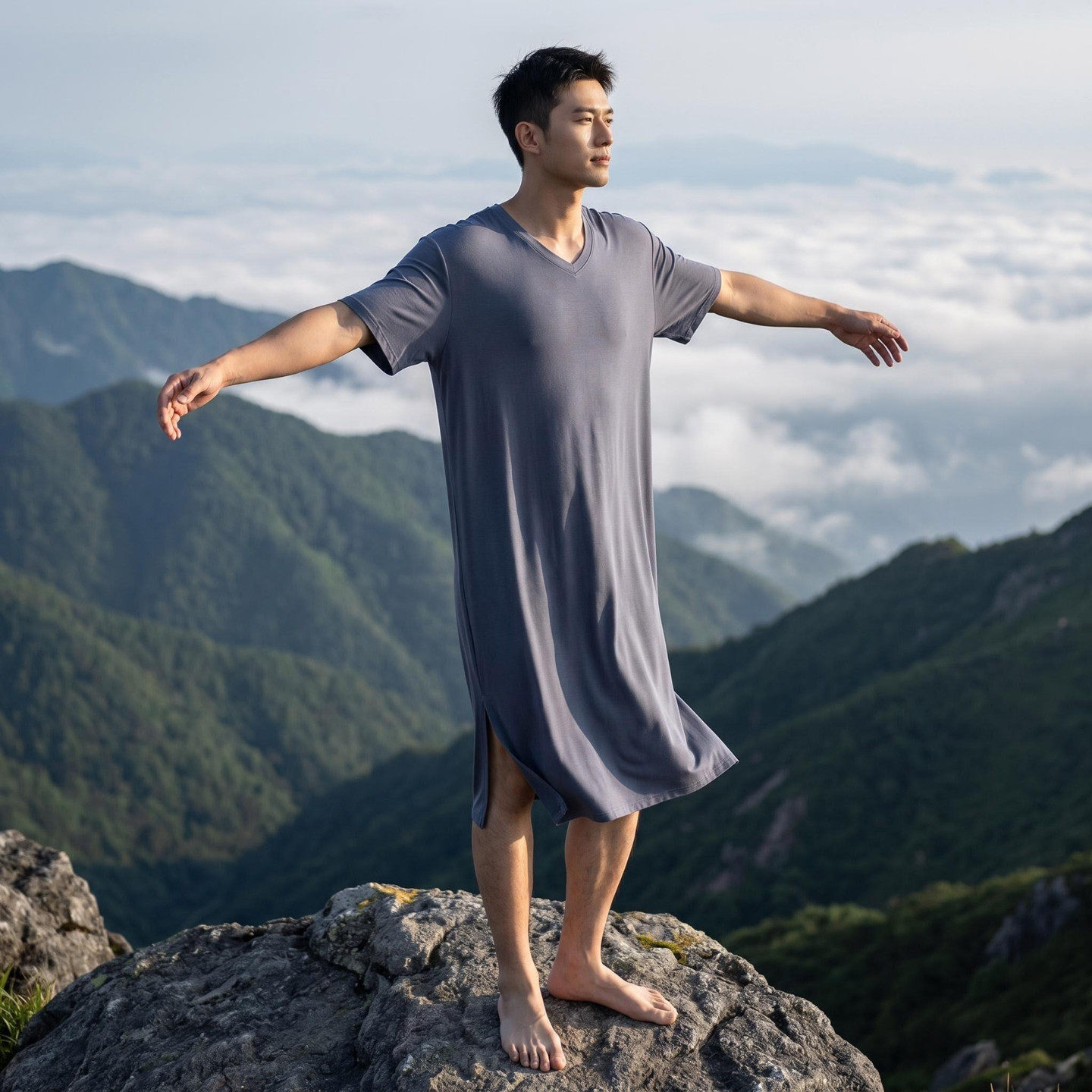 男士莫代尔短袖睡衣夏季大码宽松薄款家居服浴袍柔软裸睡睡裙晨袍
