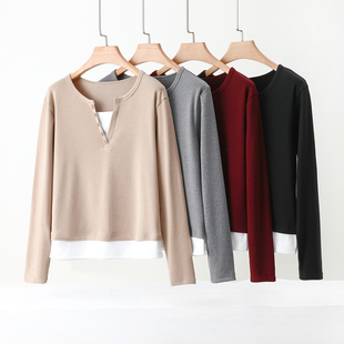 女秋冬新款纯棉V领纽扣假两件打底衫显瘦内搭洋气长袖T恤外穿上衣