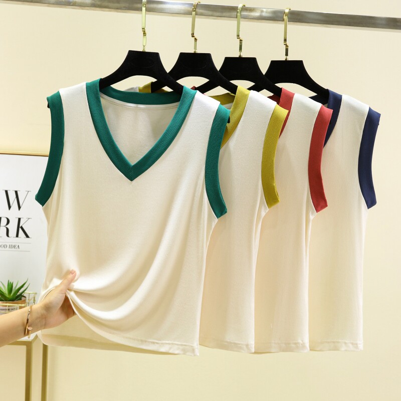 女夏季外穿吊带无袖港风螺纹纯棉v领背心内搭打底衫百搭大码上衣