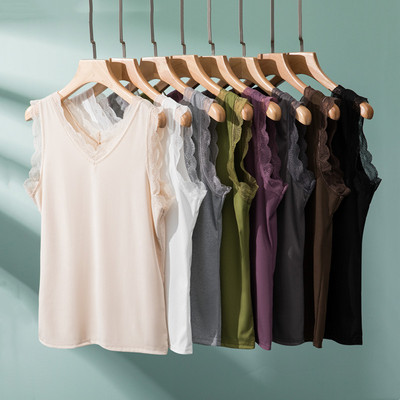 莫代尔V领无袖蕾丝边吊带背心