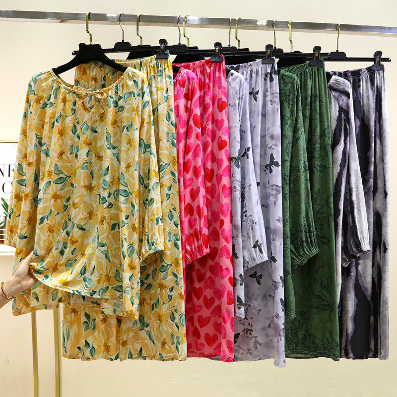 女夏季棉绸睡衣睡裤套装妈妈装休闲人造棉家居服薄款空调服两件套