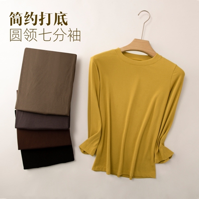 女春秋螺纹棉七分袖圆领T恤