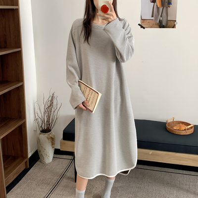 冬季德绒条纹保暖长裙女新款连衣裙内搭家居睡裙大码加绒加厚睡衣