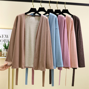 女秋冬德绒系绳长袖睡衣上衣单件家居服外套加绒加厚保暖V领睡袍