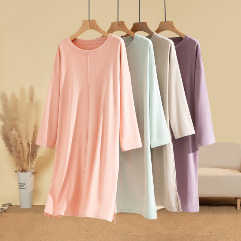 女秋冬长袖睡裙睡衣德绒休闲磨毛圆领连衣裙宽松家居服长裙子睡袍