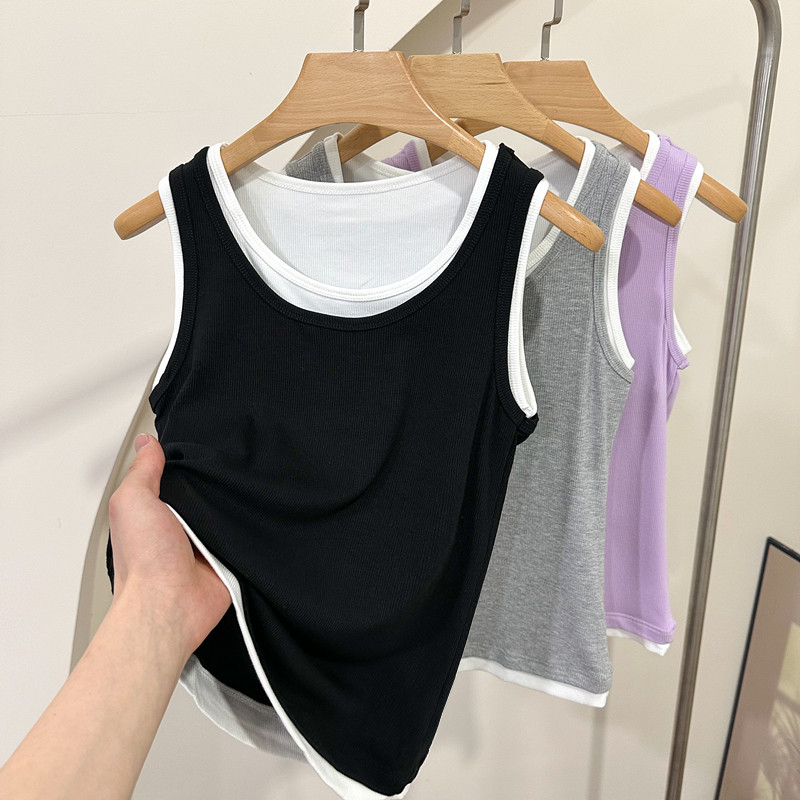 夏季外穿薄款吊带假两件螺纹背心女士无袖内搭休闲宽松上衣打底衫