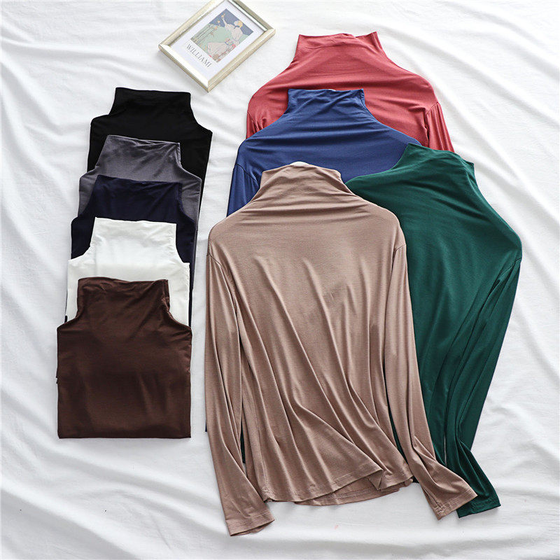 初秋薄款莫代尔半高领纯色打底衫女士外穿百搭显瘦长袖黑色T恤