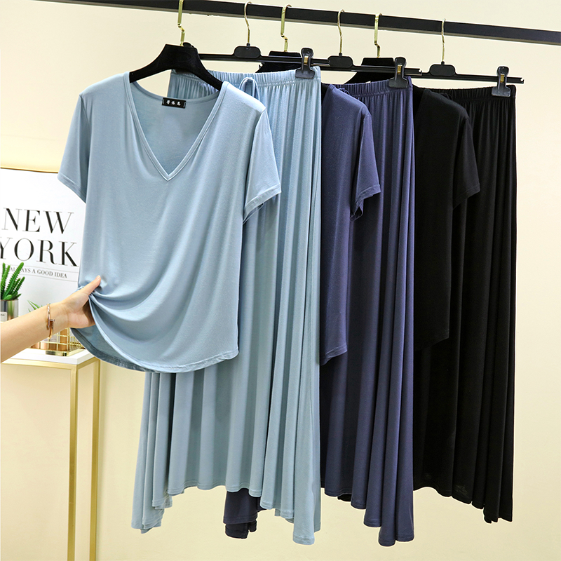女夏薄款V领短袖裙子套装外穿宽松T恤大摆半身裙两件套大码家居服