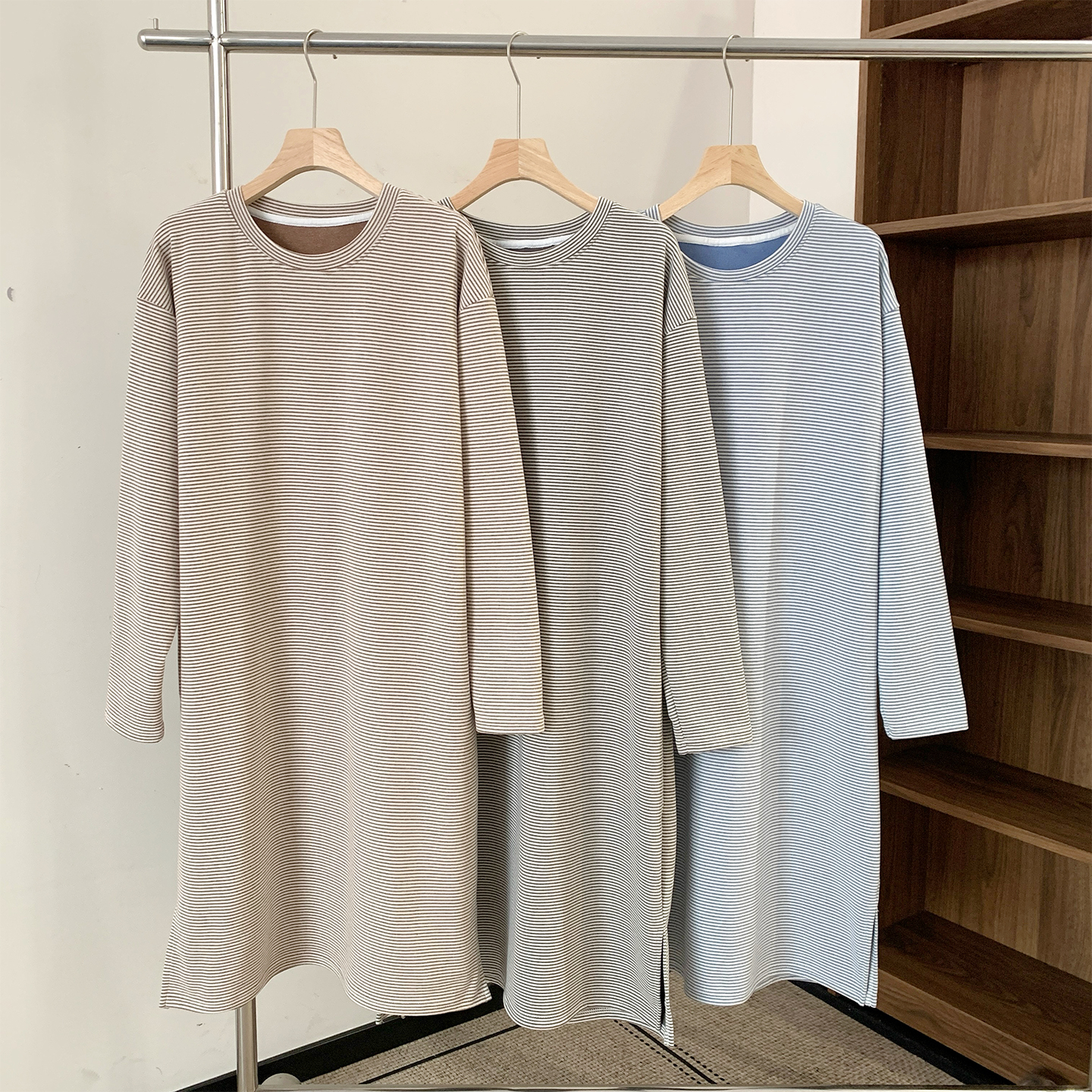 德绒男士条纹睡袍冬季新款内搭家居睡裙浴袍大码加绒加厚保暖睡衣