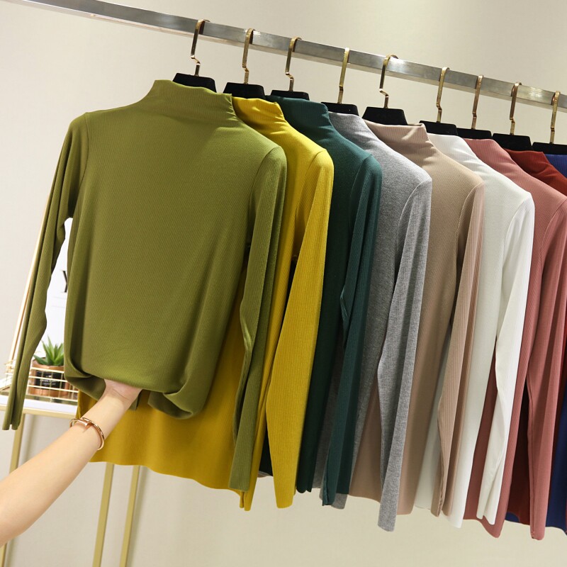 女春秋薄款螺纹长袖T恤莫代尔半高领内搭打底衫外穿修身显瘦上衣