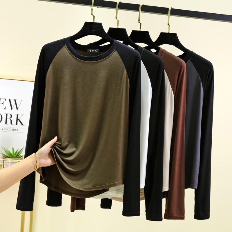 莫代尔插肩拼色长袖T恤女薄款圆领内搭修身显瘦打底衫秋冬上衣