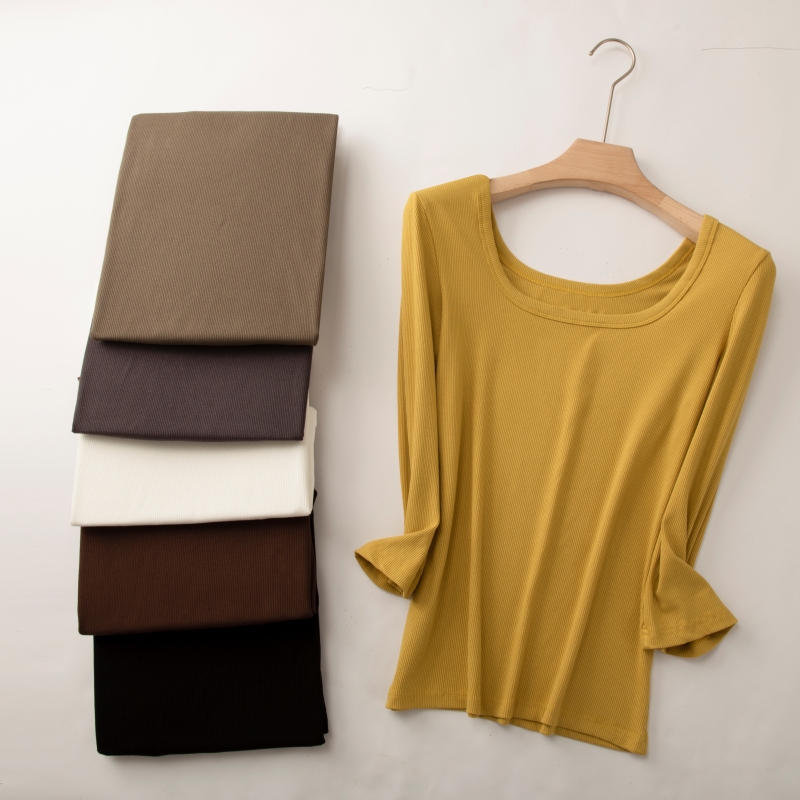 螺纹棉女春秋U领七分袖T恤上衣