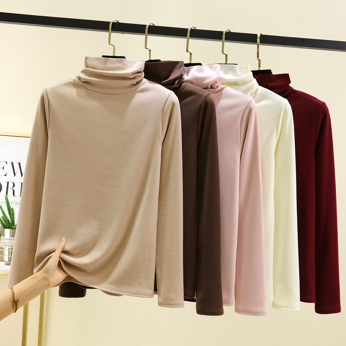 冬季新款德绒高领打底衫女外穿大码长袖T恤加绒加厚内搭纯色上衣