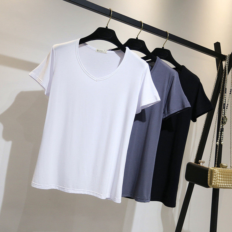 修身纯色v领T恤女夏短袖莫代尔大码宽松白色2025新款潮韩版学生薄
