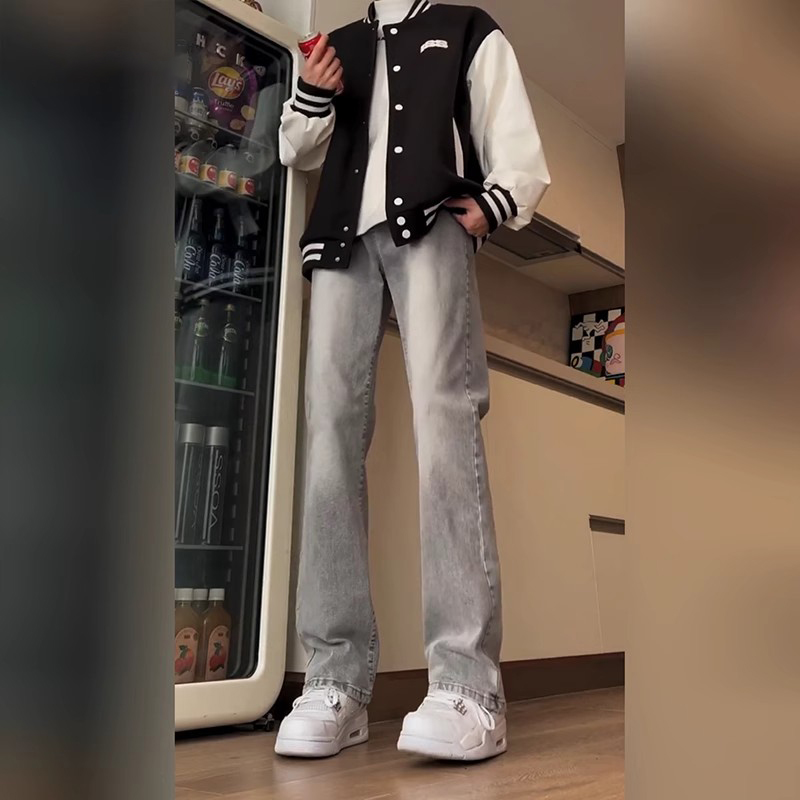 cleanfit水泥烟灰色牛仔裤男款高级感直筒微喇裤子美式高街休闲裤