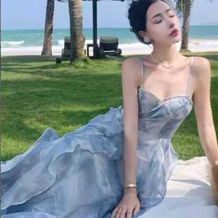 新款 海边度假沙滩长裙约会仙女裙子 蓝色吊带连衣裙女夏季 茶歇法式