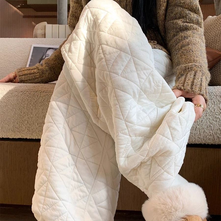 【妮缘涵】2025秋冬菱格巨厚夹棉加绒保暖棉裤外穿加厚保暖阔腿裤