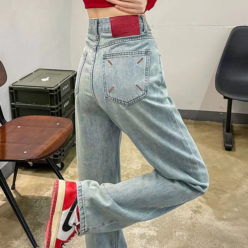 艾格红标设计感撞色刺绣直筒牛仔裤女遮肉梨形高腰阔腿拖地长裤子_淘宝内购会_女装/女士精品-第5张图片-提都小院