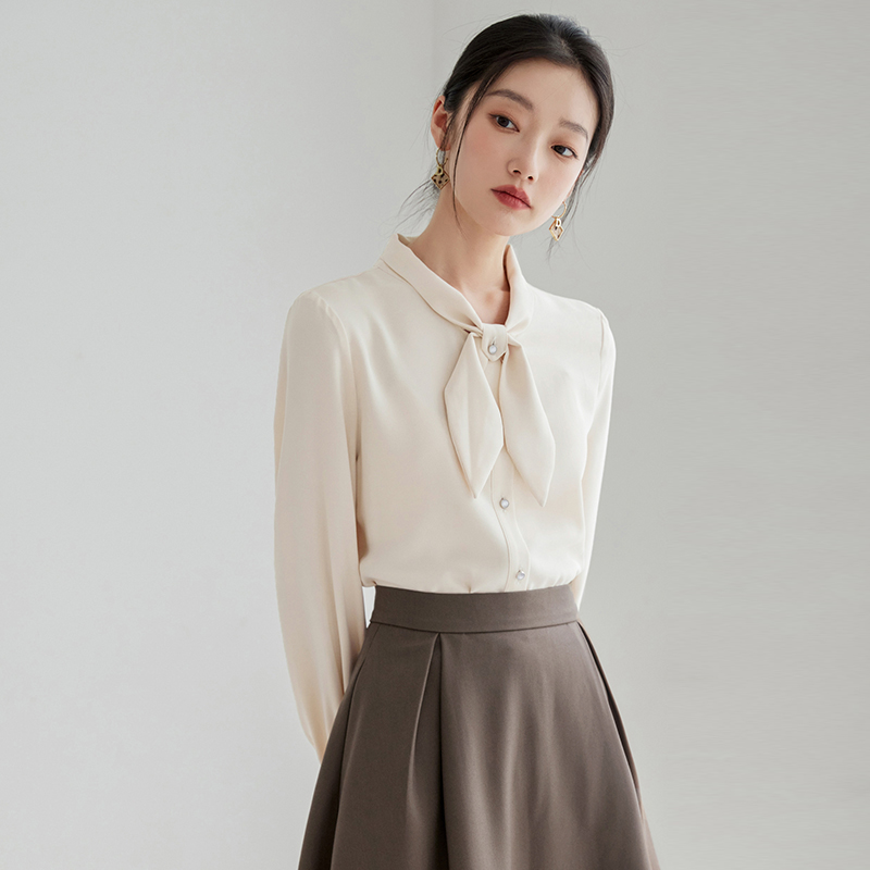 TUCANO啄木鸟春季新款通勤蝴蝶结白色衬衫女士轻熟风雪纺飘带衬衣