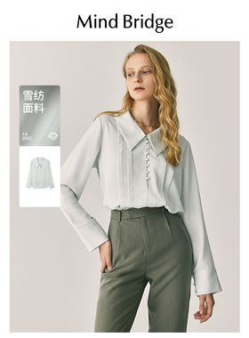 MindBridge秋季长袖衬衫法式复古设计感压褶衬衣女士翻领通勤上衣
