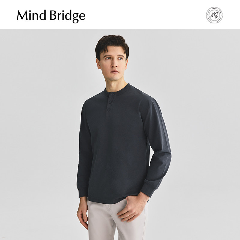 Mind Bridge【纯棉】男士亨利领休闲长袖T恤2026春简约宽松上衣,男装,T恤,淘宝优惠券,粉丝福利购,淘宝优惠卷
