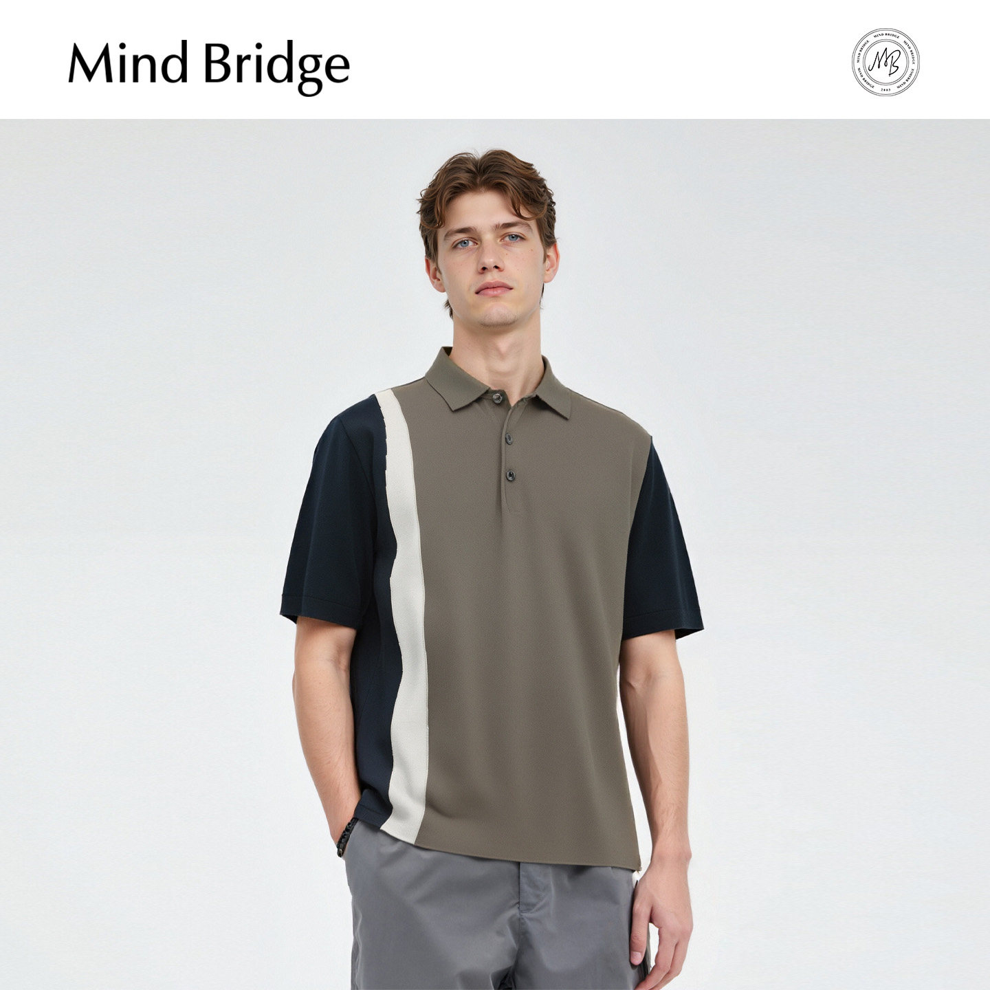 Mind Bridge男士复古拼接Polo衫通勤休闲上衣2025夏翻领短袖针织,男装,Polo衫,淘宝优惠券,粉丝福利购,淘宝优惠卷