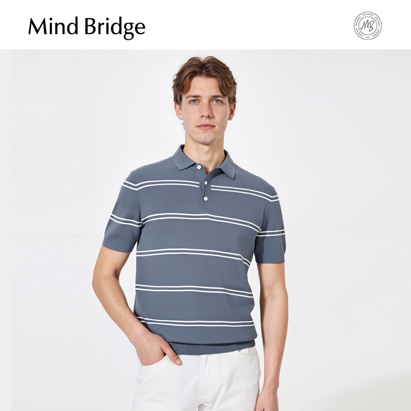 Mind Bridge2025夏条纹polo衫通勤翻领上衣男士宽松休闲短袖针织