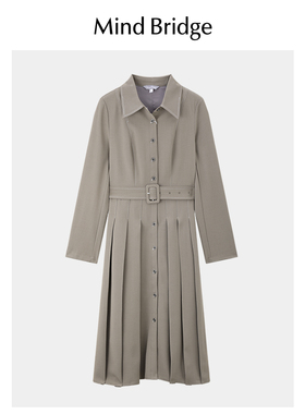 MB MindBridge秋季气质长袖衬衫裙女士通勤收腰长裙翻领连衣裙