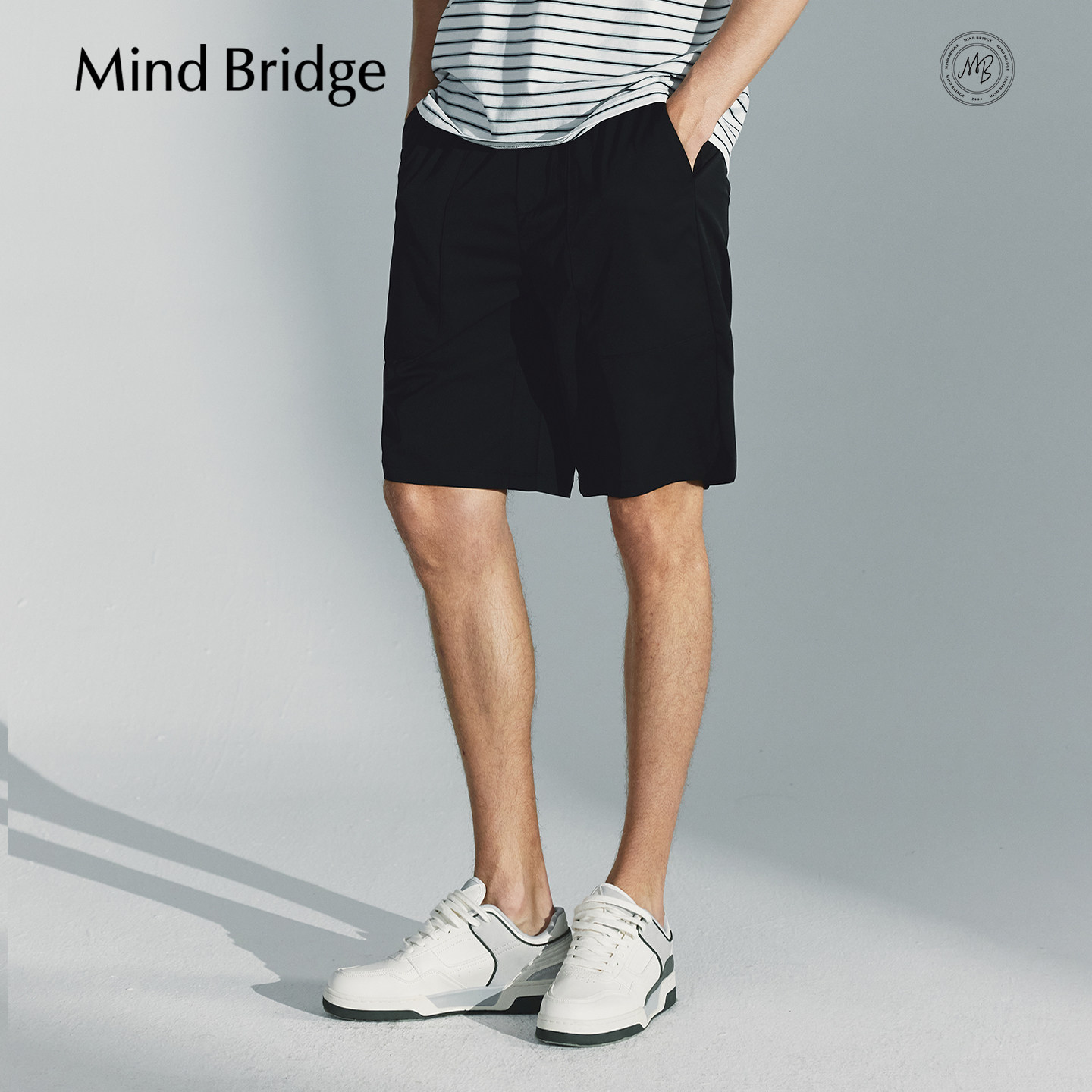 Mind Bridge2026年夏季休闲宽松短裤男士黑色直筒五分裤运动裤