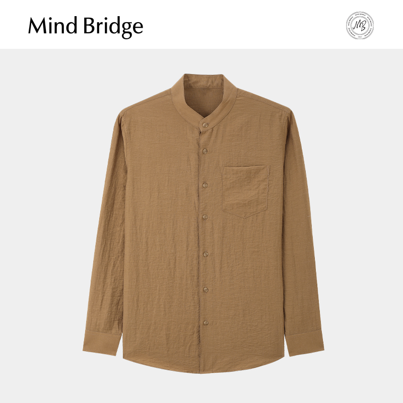 MindBridge【亚麻】男士商务长袖衬衫2025新款春季小立领通勤衬衣