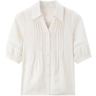 MB MindBridge【绵羊毛】夏季法式镂空短袖衬衫2025夏季女V领衬衣