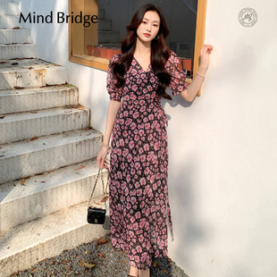 Mind Bridge女士V领泡泡袖连衣裙2026年夏季气质通勤显瘦碎花裙
