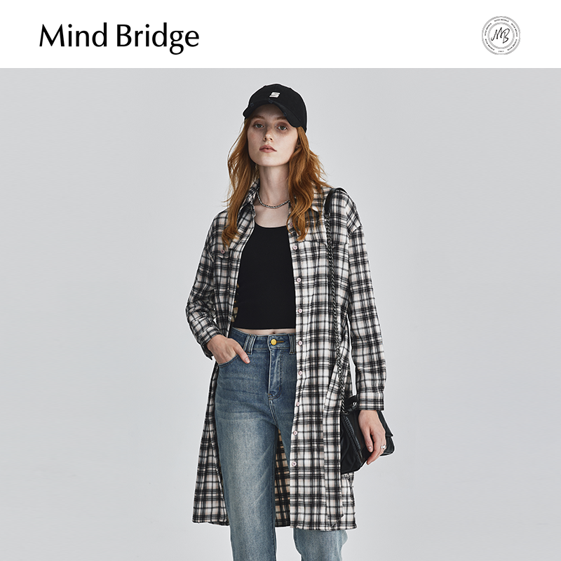MindBridge2025新款长袖格纹衬衫裙女士中长款连衣裙秋季通勤裙子