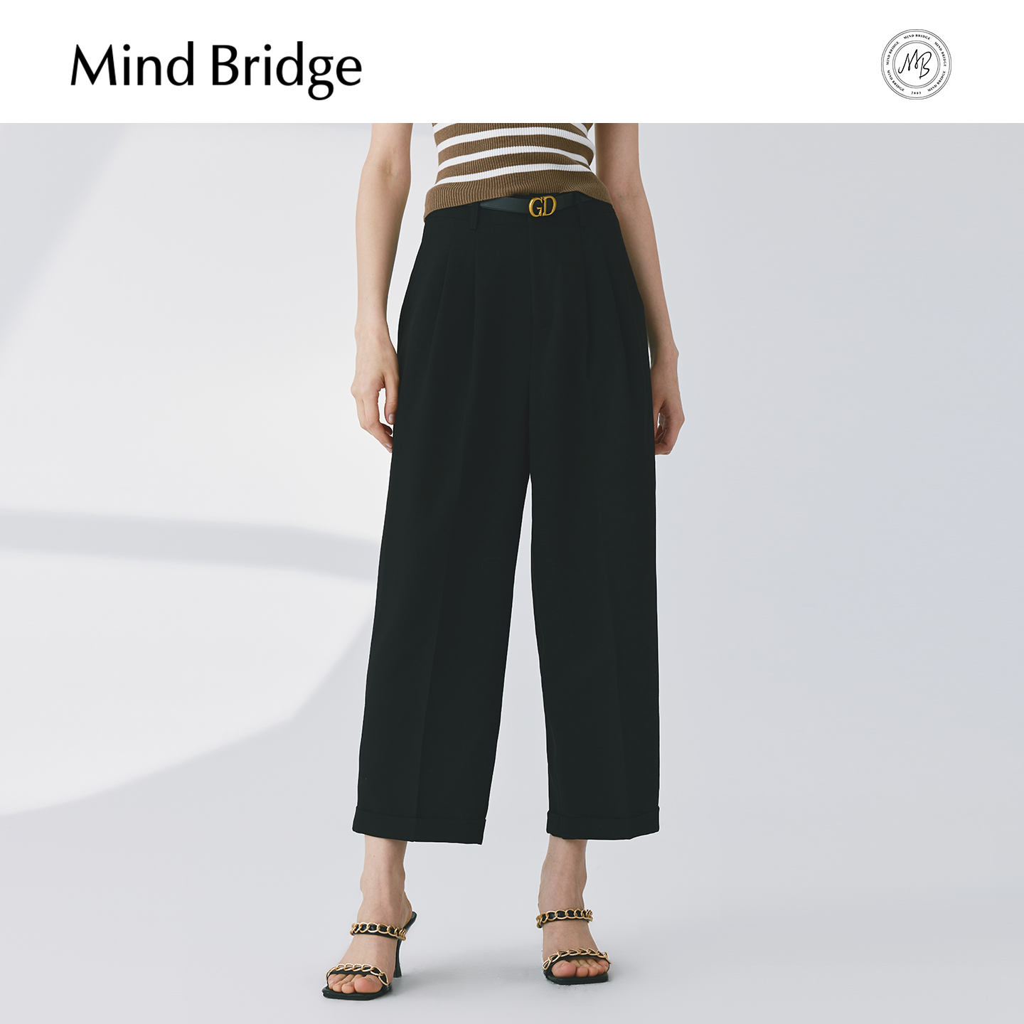 MB MindBridge女士卷边宽松休闲裤夏季阔腿直筒长裤简约通勤裤子