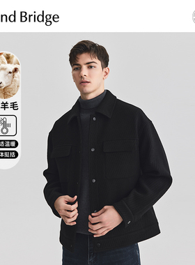 MindBridge男士翻领羊毛外套肌理感上衣2025年秋黑色短款毛呢大衣