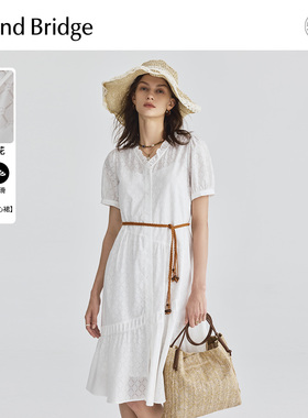 Mind Bridge女士短袖连衣裙2024新款白色V领中长裙夏季度假风裙子