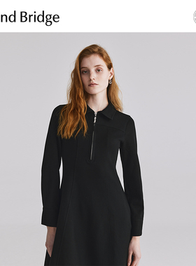 MB MindBridge2025年秋长袖连衣裙收腰裙子女设计感翻领A字裙