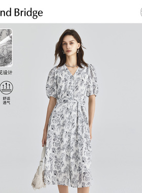 MB MindBridge女士印花连衣裙2024新款收腰显瘦裙子夏季V领中长裙